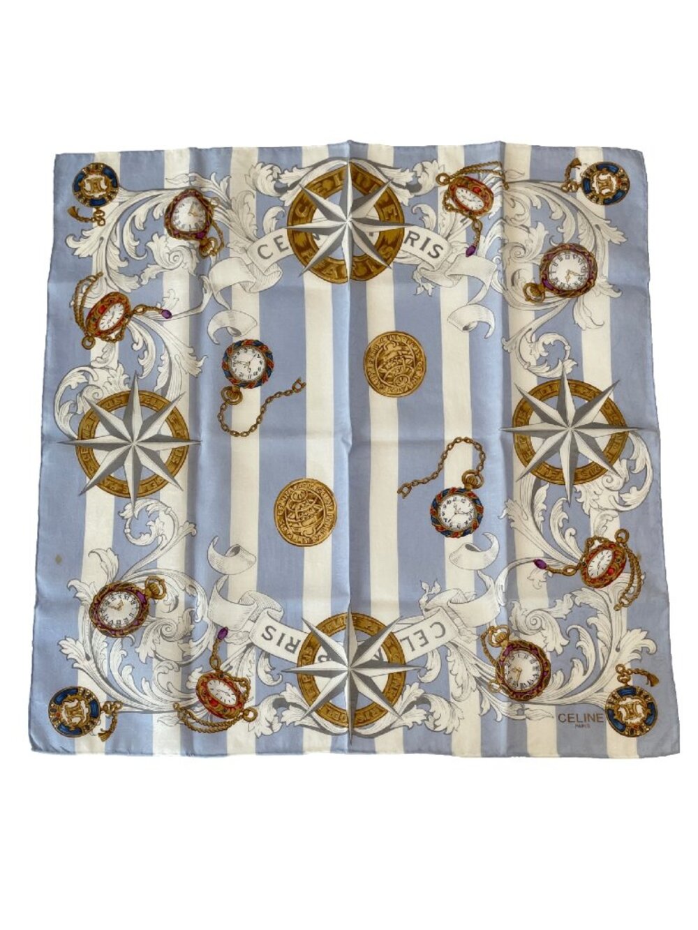 Vintage Celine Paris Cotton Scarf Blue Compass Rose Pocket Watch Print